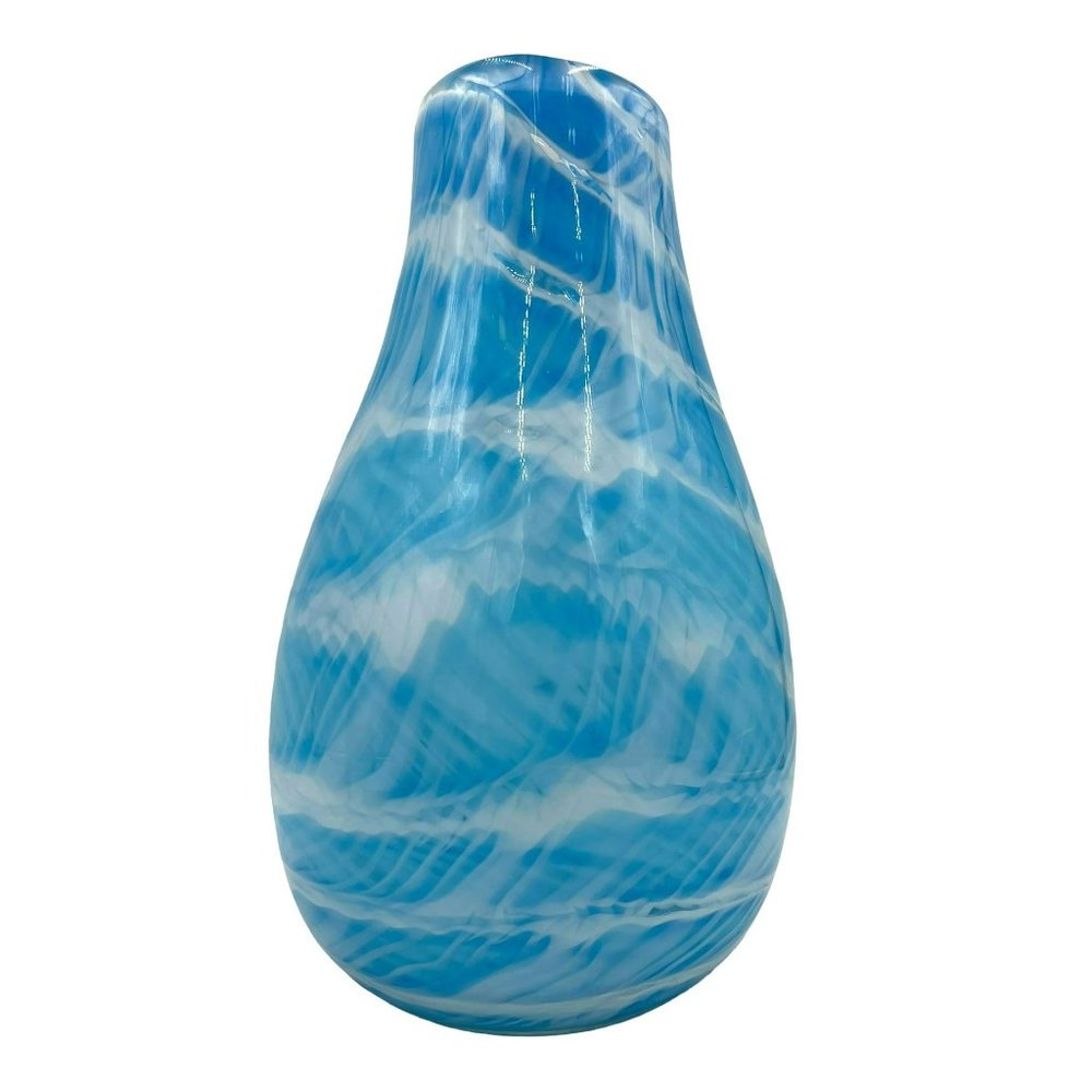 Art Glass Vase Heavy Thick Handblown Glass Blue White Stripes Pulled Feather